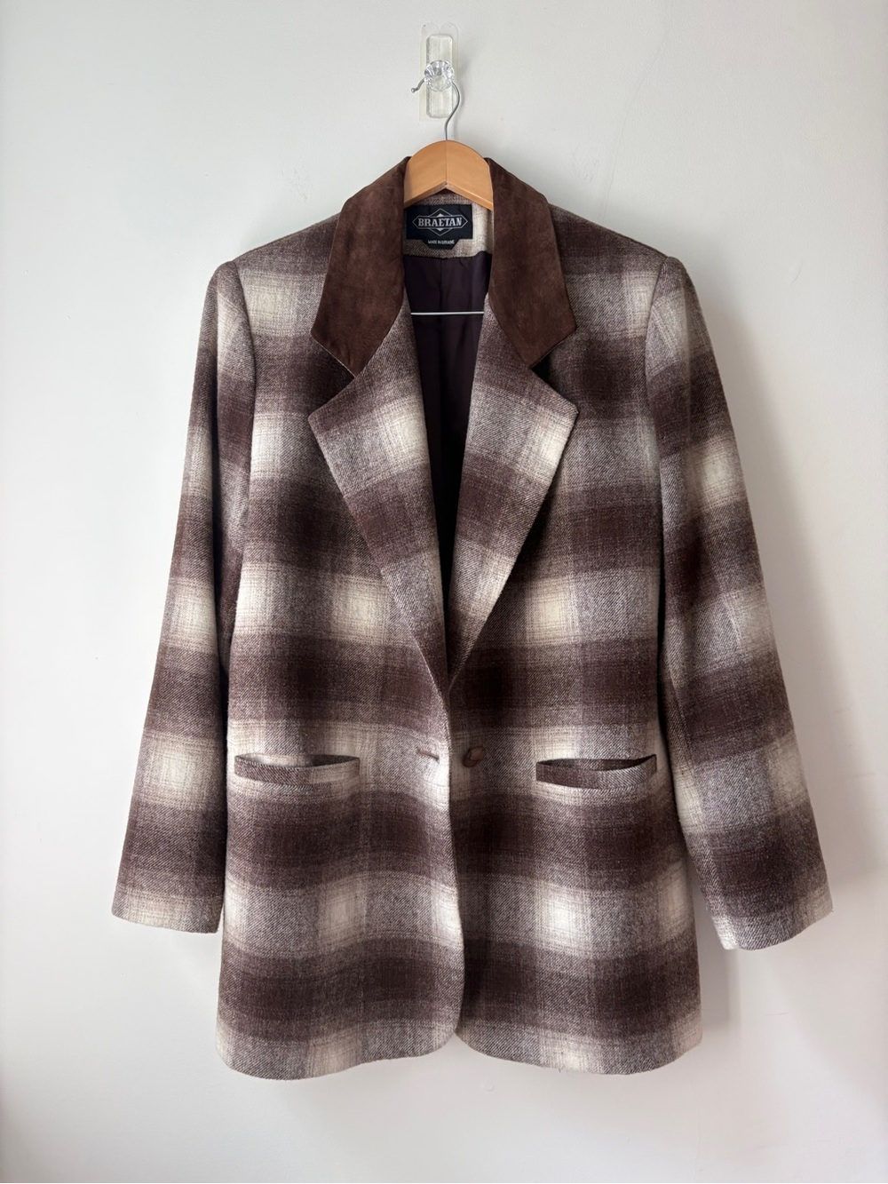 Vintage Plaid Wool-Blend Blazer with Suede Collar